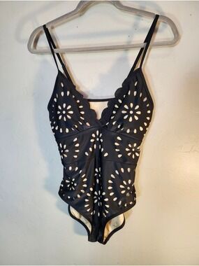 Flexmaker Black Laser-Cut One-Piece Swimsuit with Cream Lining